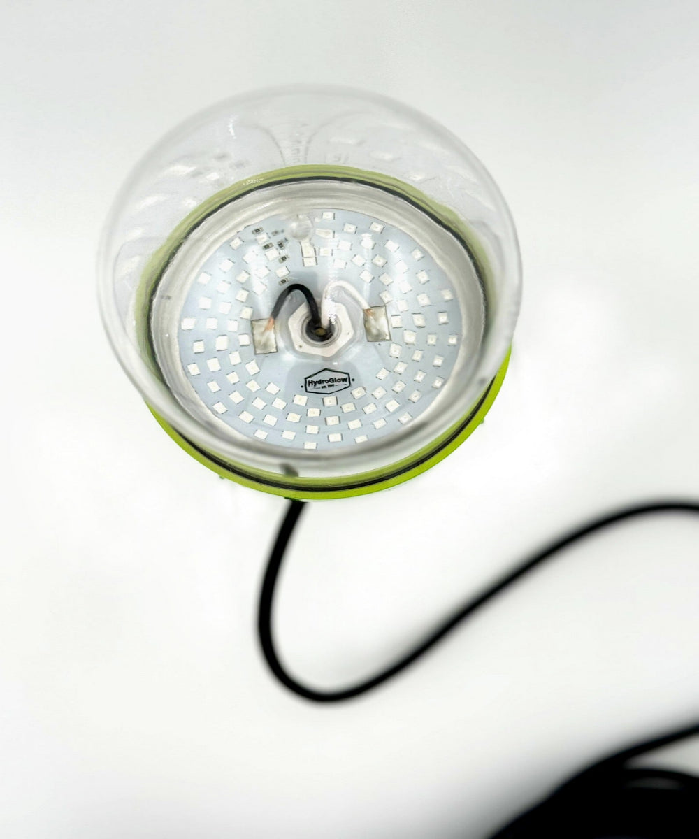 Close-up of a fishing light with leds on a round base for fishing on a white background