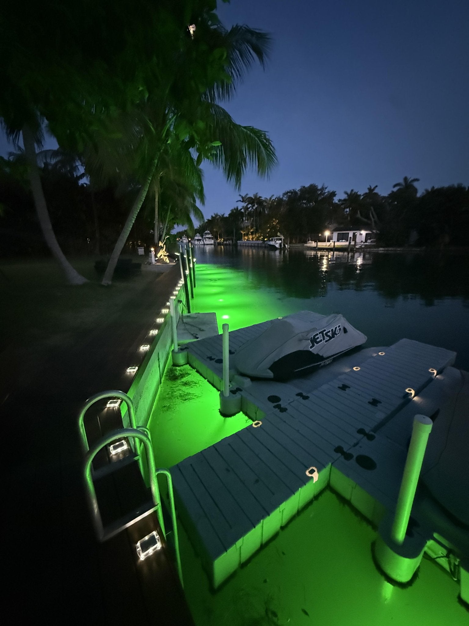 Sea Wall Lit up with  underwater hydroglow lights and solar pathway lights