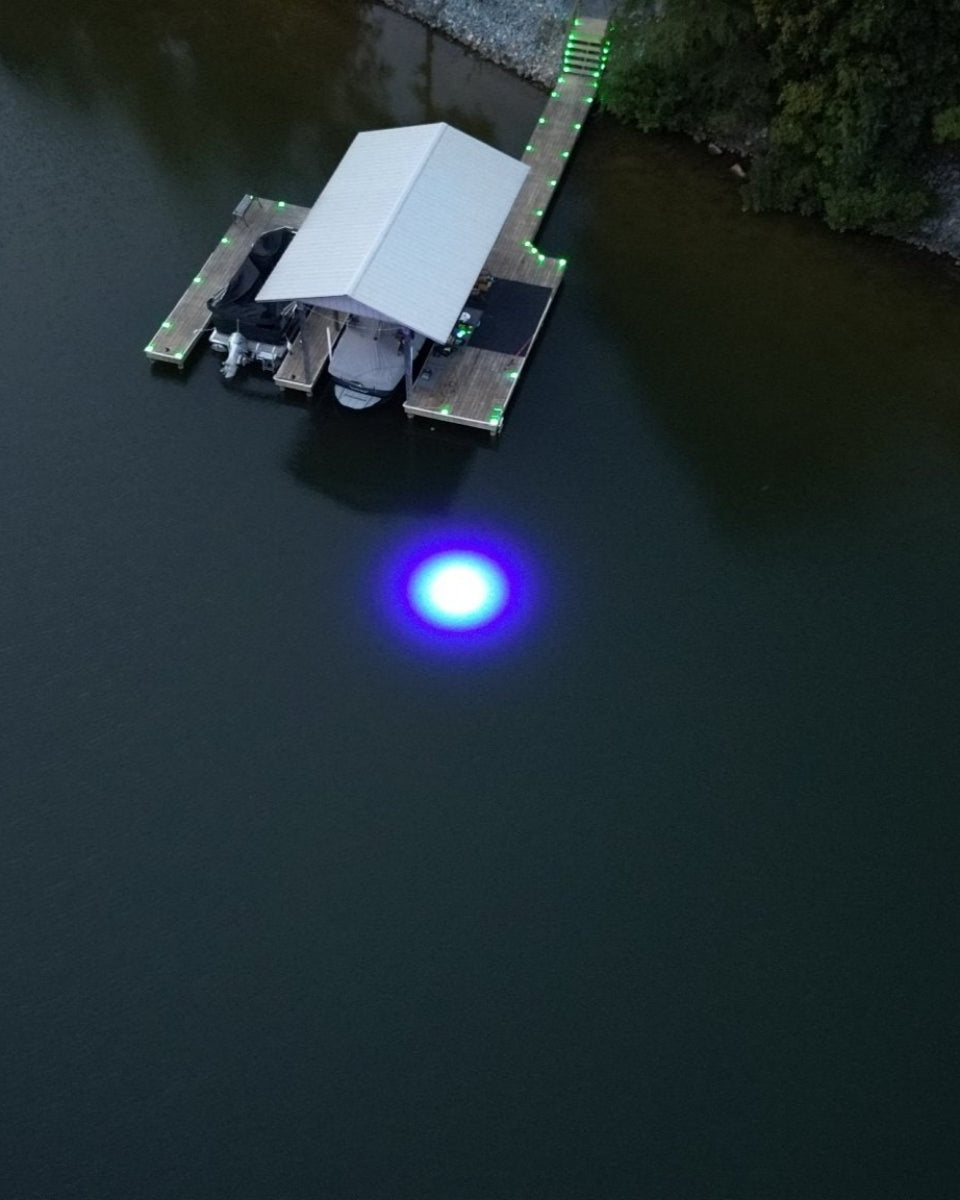 Sea floor green underwater dock light creating a glow for night fishing