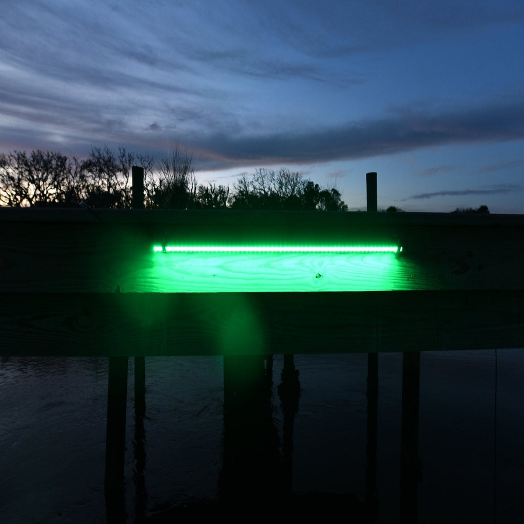 Green dock light illuminating the surface for baitfish around a dock