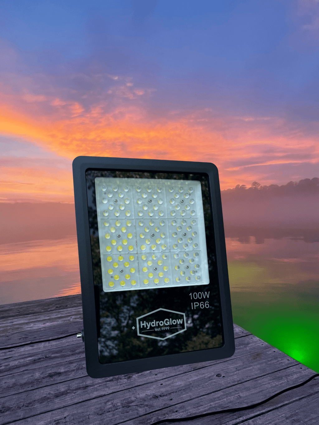 Green above‑water LED dock flood light for night fishing and dock lighting.