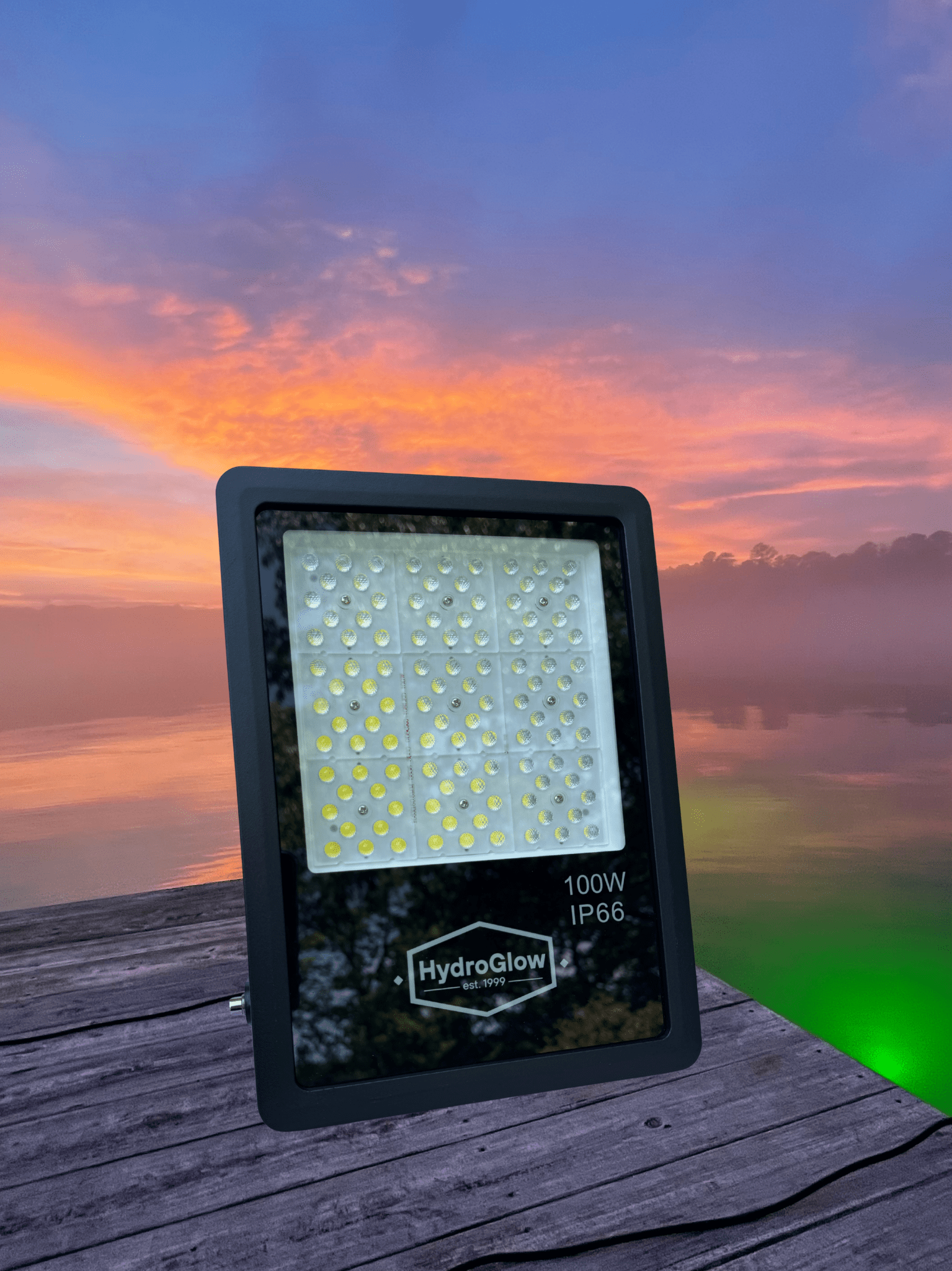 Green above‑water LED dock flood light for night fishing and dock lighting.