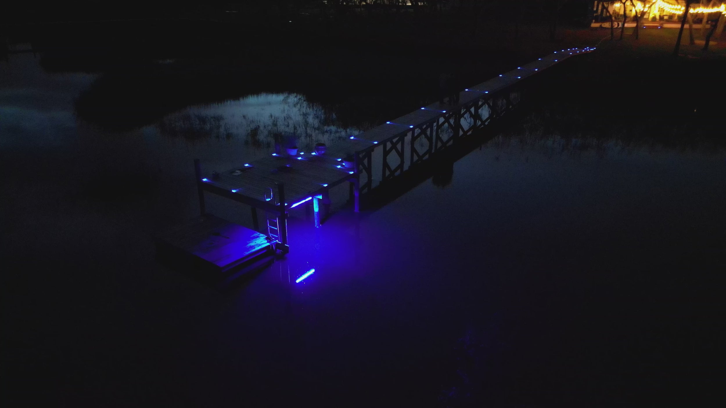 Blue dock light illuminating the surface for baitfish around a dock