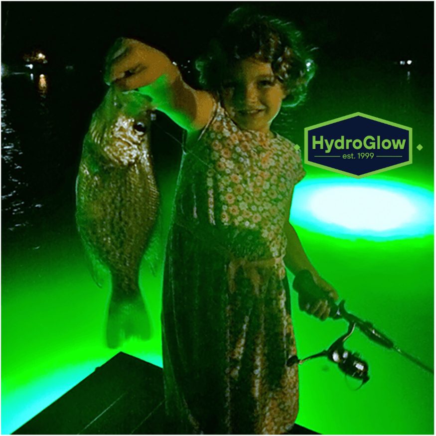Sea floor green underwater dock light creating a glow for night fishing